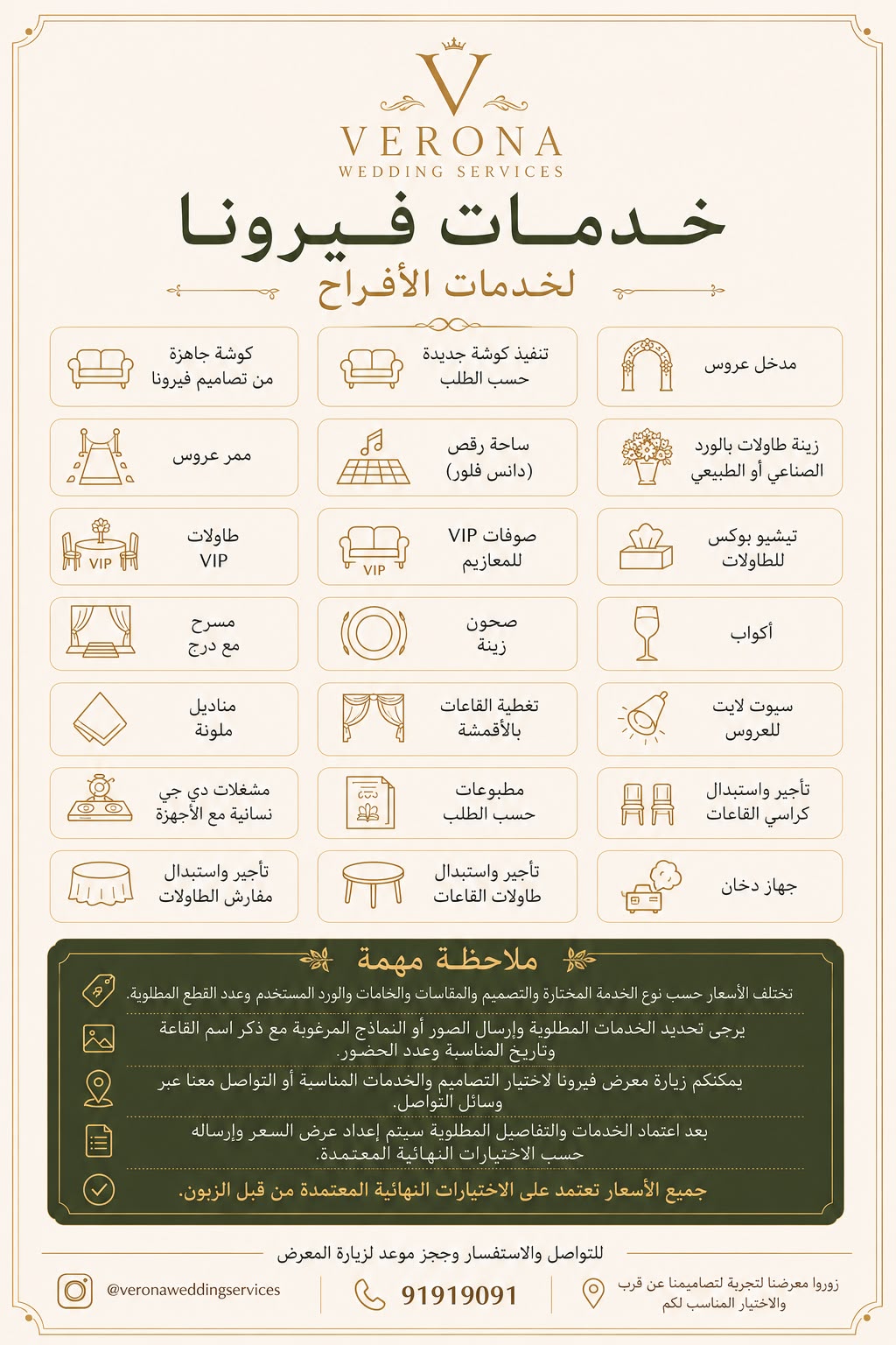 قائمة خدمات فيرونا داخل القاعة كما وردت من صاحبة المشروع